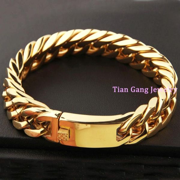 

8.66" 15mm or 17mm width choose gold 316l stainless steel curb cuban chain bangles bracelet for mens jewelry link,, Black