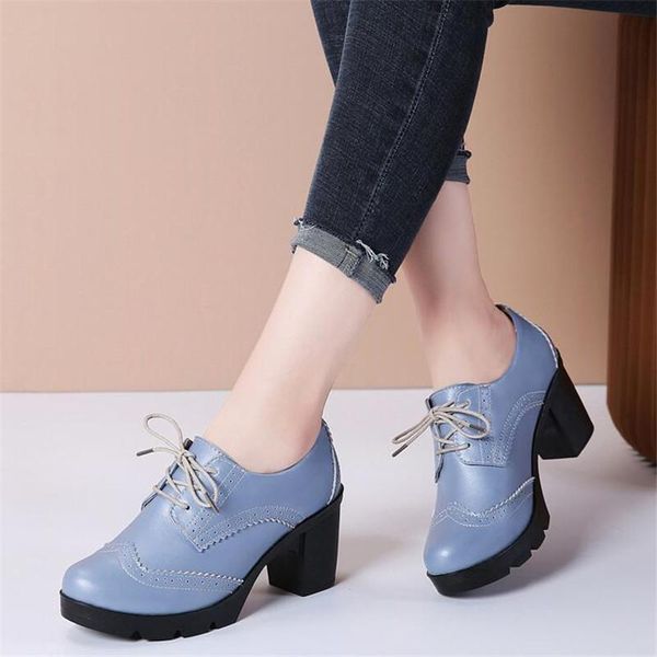 Scarpe eleganti 2021 Vintage Lace Up Women Pumps Cut Out Oxford Tacco grosso Tacchi alti in vera pelle Lady Stivaletti stile britannico