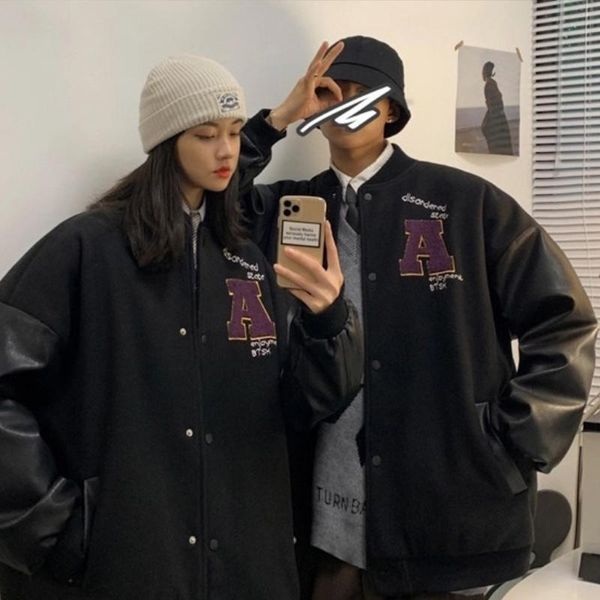 

women's jackets women print baseball uniform drop sleeves pu leather patchwork jacket korean style casual oversize couples, Black;brown