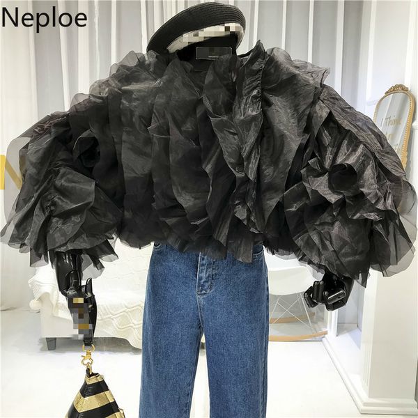 

neploe blouse women elegant patchwork chiffon o neck lantern long sleeve ladies loose ruffles shirt female 1a187, White