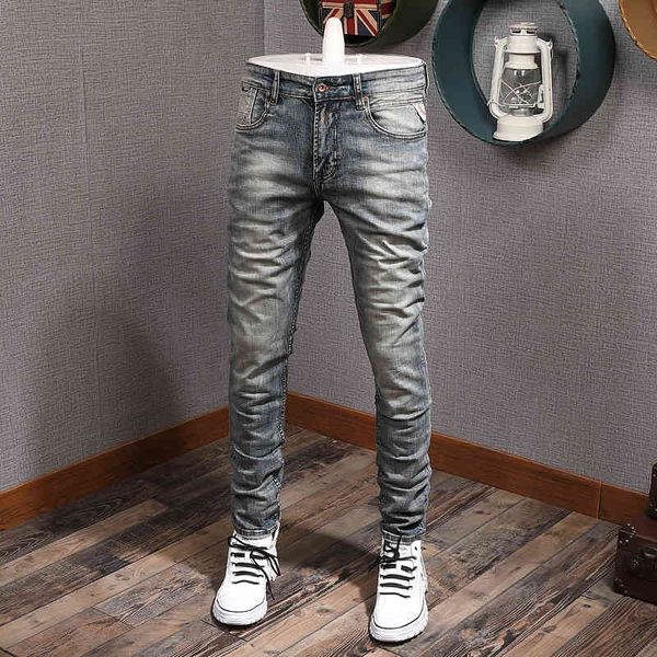 

jeans italian style fashion men jeans retro wash elastic slim fit vintage designer denim pants hombre winter velvet warm long trousers, Blue