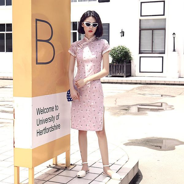 

cute print lace trim novelty qipao women pink sweet slim chinese traditional dress elegant medium length improved cheongsam ethnic clothing, Red