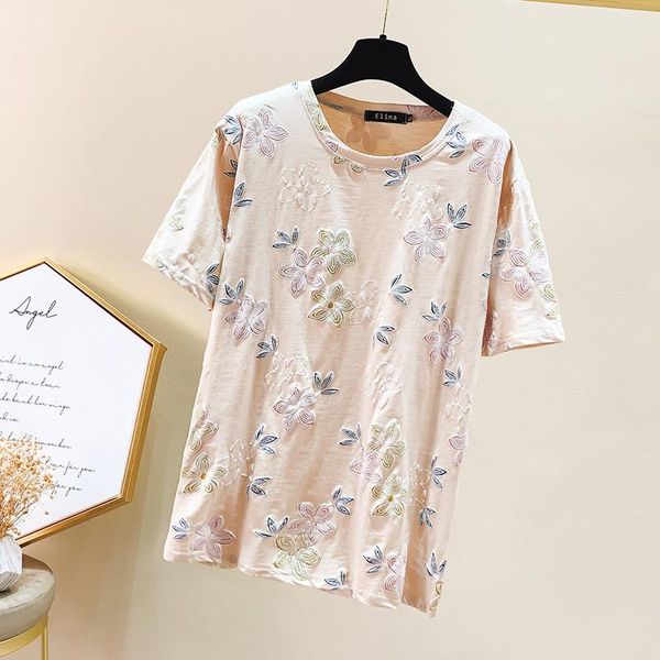 

women's t-shirt summer fashion creativity flowers three-dimensional decoration short-sleeved female loose large size casual women, White