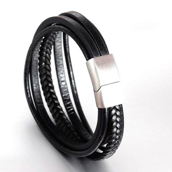 

charm bracelets multi-layer men & bangles genuine leather braided rope magnetic clasp male stainless steel jewelry, Golden;silver