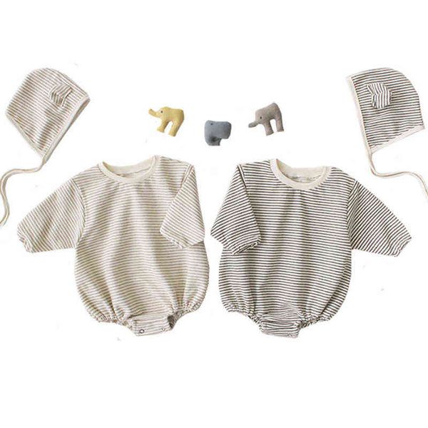 

2021 baby clothing striped baby girls bodysuits infant cotton boys bodysuits long sleeve baby boys outfit toddler jumper + hat g220223, Blue