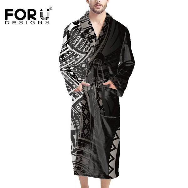 

men's sleepwear forudesigns polynesian hawaiian style black nightgown for mens classic shawl cozy bathrobe with pocket clothing, Black;brown