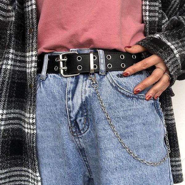 

belts women belt for jeans with chain rock punk style fashion double pin buckle decorative, Black;brown
