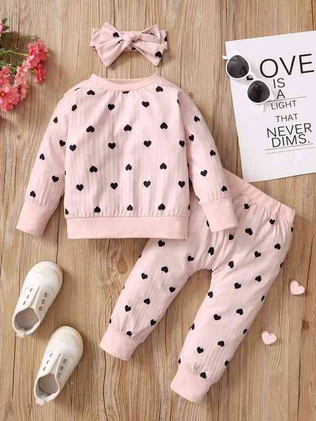 

baby heart print pullover & sweatpants with headband she, White