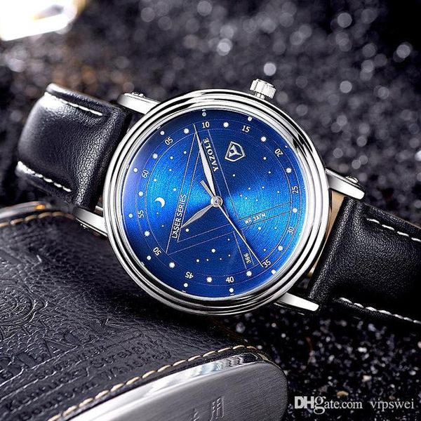 Orologio costellazione da uomo di alta qualità Quadrante blu con stella Cinturino in pelle Orologi impermeabili Marchio di abbigliamento da donna Orologi da polso con oroscopo al quarzo