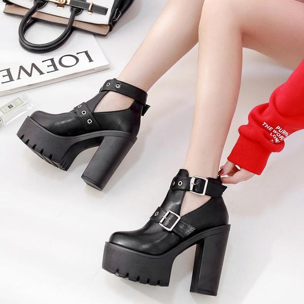 

boots autumn women punk rock motorcycle cut out bootie buckle strap platform high heel wedge shoes thick chunky heels yma644, Black