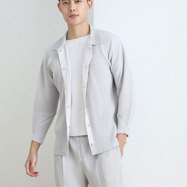

men's vests miyak pleated men casual jacket long sleeve loose thin shirt 2021 turn down collar black white fashion cardigan clothes