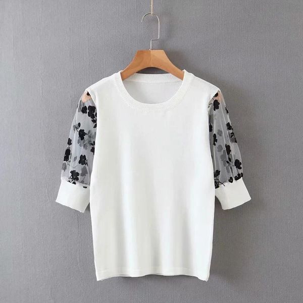 

women's t-shirt women casual white knitted 2021 summer-spring solid organza short sleeve splice tshirt female fashion o-neck knit tee
