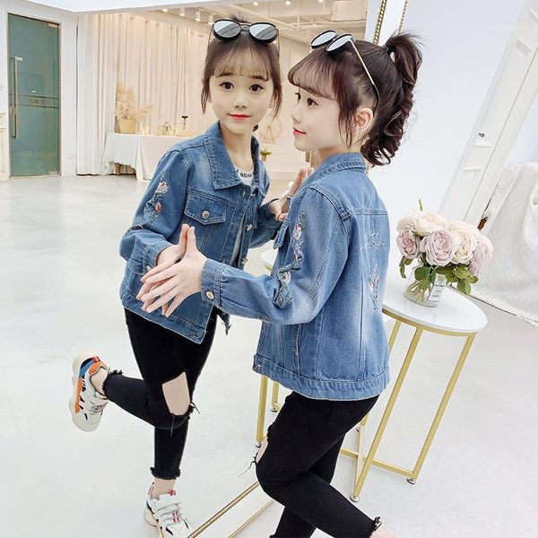

jackets kids jacket fashion embroidered floral denim for girls long sleeve coat spring fall children clothes teen girl 4-13 yrs1, Blue;gray