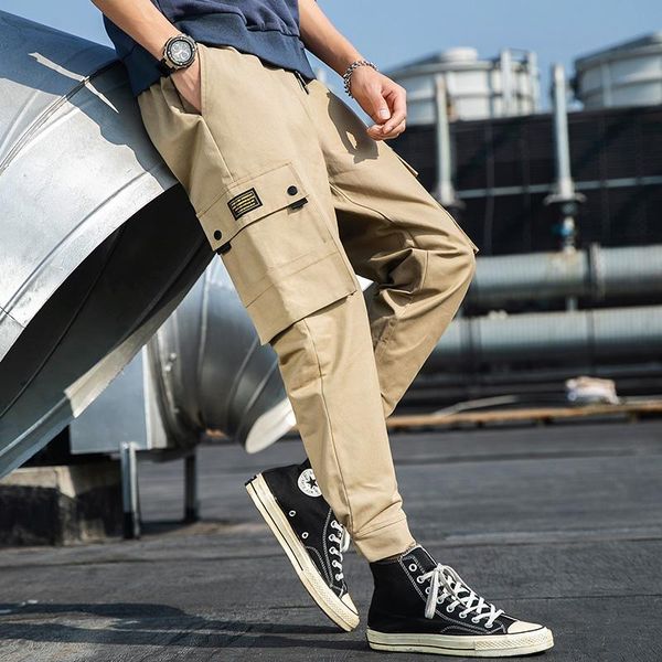 

men's pants men spring autumn casual cargo fashion cotton solid drawstring pockets sweatpants male korean loose joggers 5xl, Black