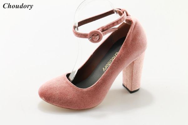 

pink velvet chunky high heel woman heels buckle party shoes dress, Black