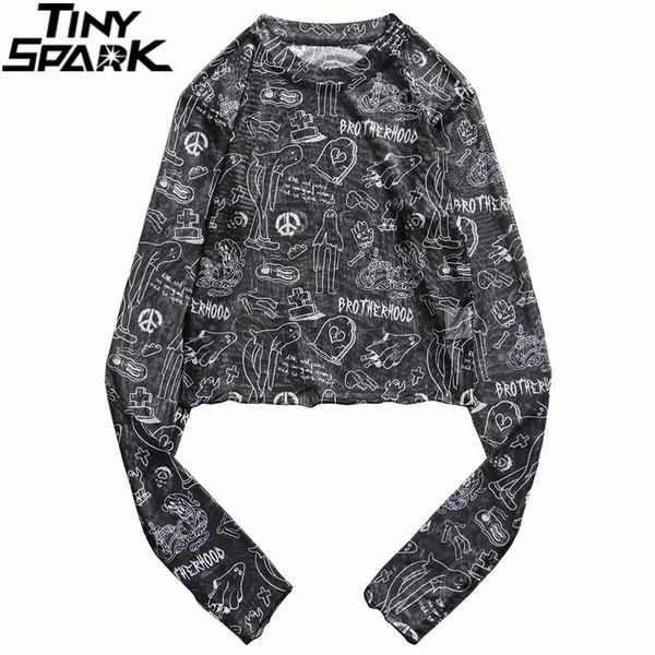 

women's t-shirt 2021 women perspective mesh hip hop streetwear painting ghost bone letter fishnet t shirt harajuku long sleeve tshirt, White