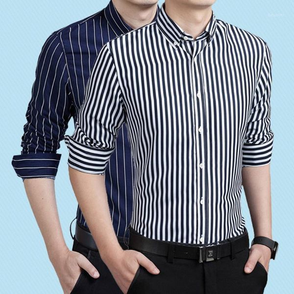 

men's casual shirts 2021 fashion vertical stripes men spring autumn long sleeve business shirt blouse for slim mens, White;black