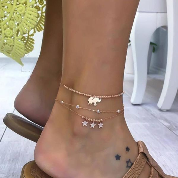 

anklets multilayer anklet gold color elephant animal pentagram star clear rhinestone multiple styles women beach foot decoration 1 set, Red;blue