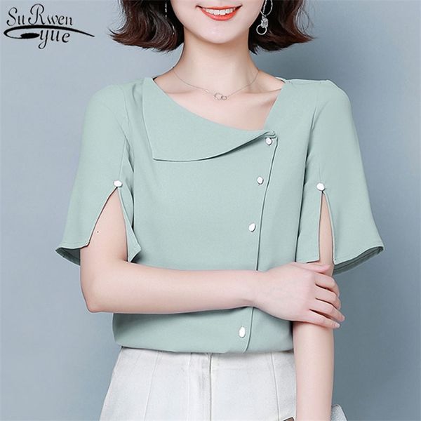 

blusas vintage chiffon blouse women summer short sleeve solid woman's shirts chic shirt ropa de mujer 9976 210421, White
