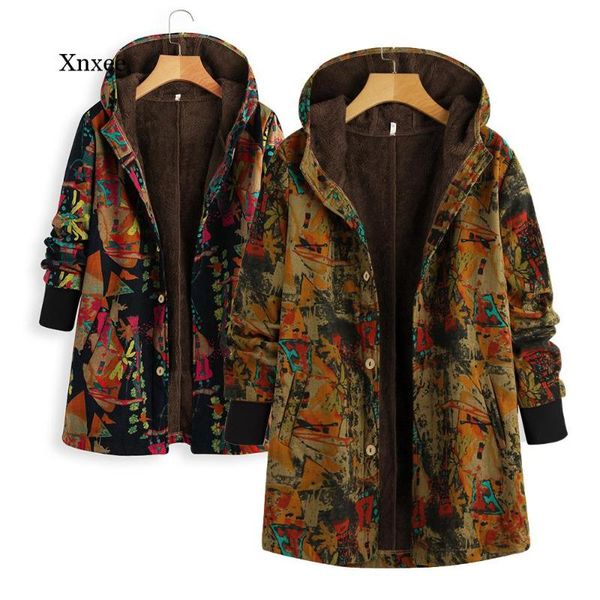

women vintage loose hooded coat floral printed fleeces lining buttoned plus size winter warm parka casual outerwear windbreaker women's, Black;brown