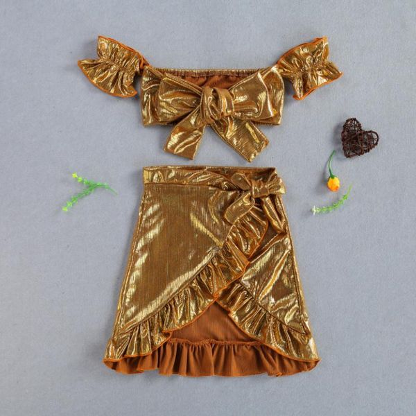 

kid's gold silk skirt set, off shoulder crop with bowknot ruffle for summer formal party ball 2021 clothing sets, White