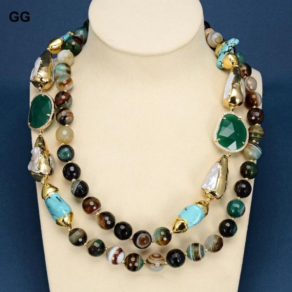 

jewelry 2 strands green faceted agate gold plated turquoise cultured white biwa pearl cz paved crystal necklace for women chains, Silver