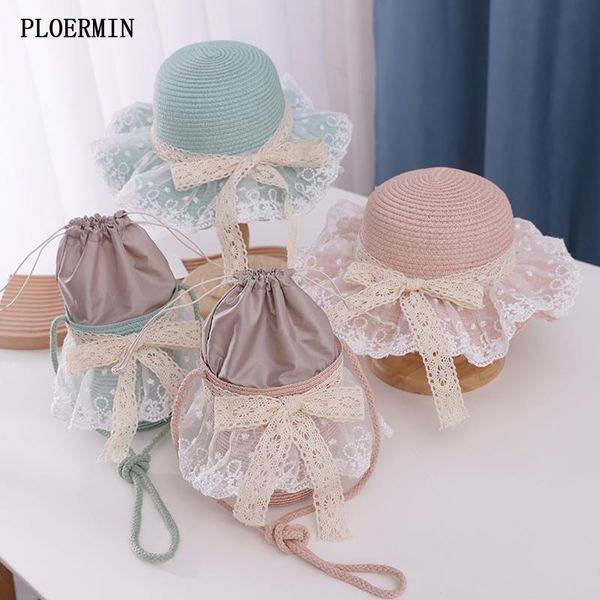 

summer lovely children beach hats wide brim lace bow straw hat 3-7 old years child holiday travel fashion sun bags set caps &, Yellow