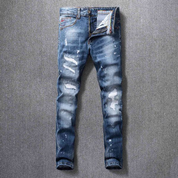 

jeans fashion streetwear retro blue elastic slim fit ripped men vintage designer pants hip hop jeans homme