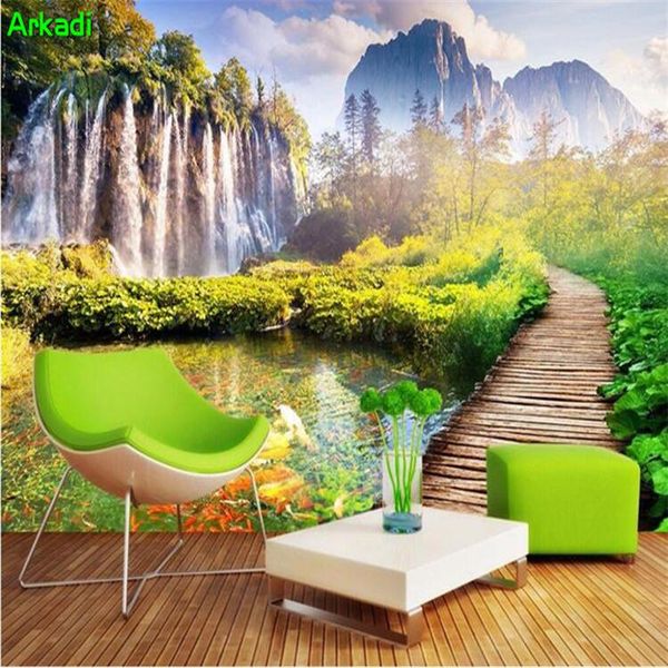 

wallpapers custom po background wallpaper beautiful landscape 3d mural forest trees waterfall wooden bridge
