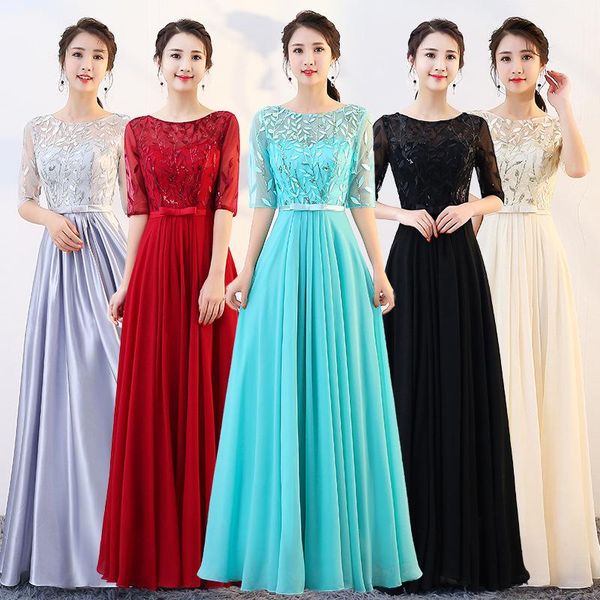 

party dresses long elegant lace appliques evening dress round neck half sleeve pleated tulle bow prom vestido de noche, White;black