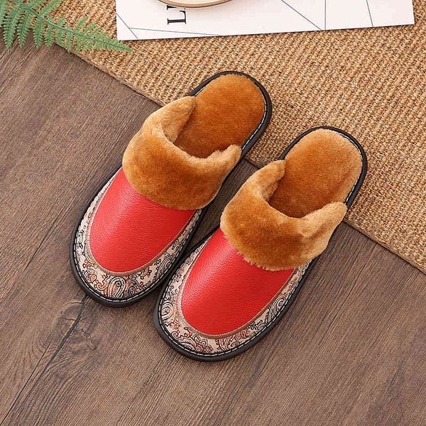 

european style home winter leather slippers men's and women's non slip cow tendon bottom warm couple cotton, Black