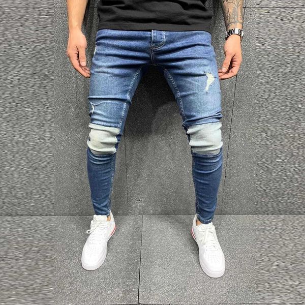 Moda homens buraco rasgado zíper cintura alta estiramento magro jeans calças calças casuais calça jeans lápis plus tamanho # 35 x0621