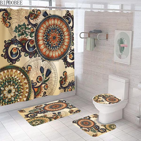 

mandala shower curtain flower printed geometric bohemian bathroom curtains pedestal carpet toilet cover rugs non-slip mat