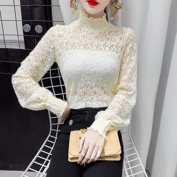 

women's blouses & shirts coigarsam blouse women winter 2021 lace hollow out turtleneck blusas womens and, White