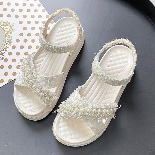 

sandals women 2021 summer fashion pearl decoration solid color open toe round head comfortable platform female shoes, Black