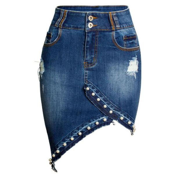

skirts plus size 3xl asymmetric denim skirt women beading pearl package hip high waist jeans irregular, Black