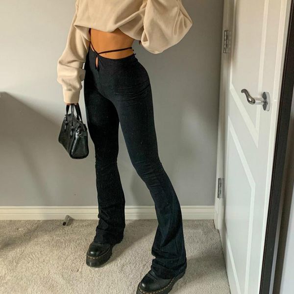 

women's pants & capris female fashion stylish long trousers cut out hollow high waist slimming women casual street black bottoms clothi, Black;white