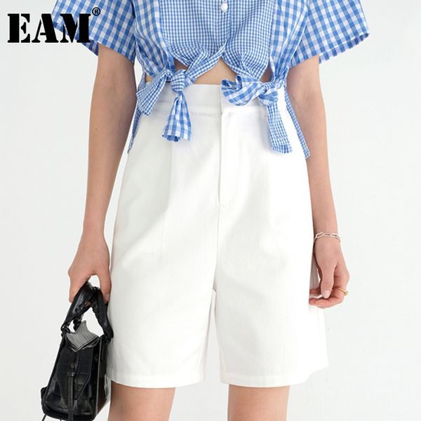 

[eam] high waist white casual pocket knee length wide leg trousers loose fit pants women fashion spring summer 1dd7851 21512, Black;white