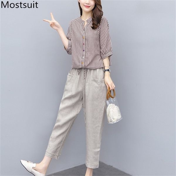 

summer cotton linen two piece sets outfits women striped + ankle-length pants suits casual korean fashion 2 pcs 210513, White