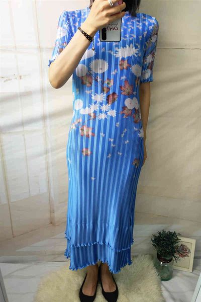 

dress miyake fold round collar impd qipao with metallic shiny bright complexion printed short-sleeved, Black;gray