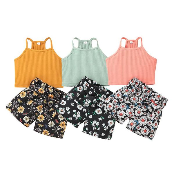 

clothing sets 1-6y summer lovely kids girls clothes 2pcs strap sleeveless solid vest floral printed shorts, White