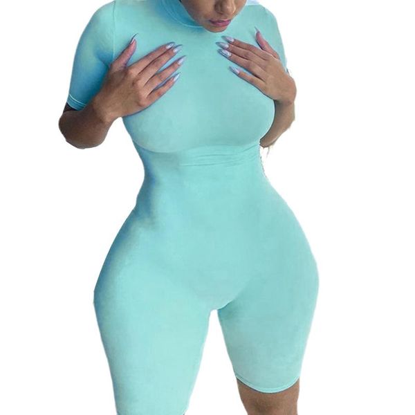 

ladies romper, short-sleeve pajamas, solid blue high collar back zipper girl casual clothes gift women's jumpsuits & rompers, Black;white