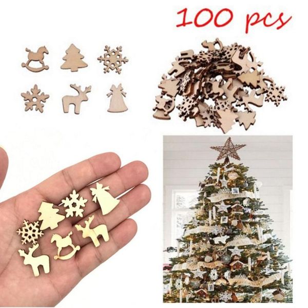 Decorazioni natalizie 100 pezzi ornamenti per l'albero in legno Mini fiocco di neve pendenti appesi Decor pupazzo di neve cervo decorazione del partito di Natale per la casa