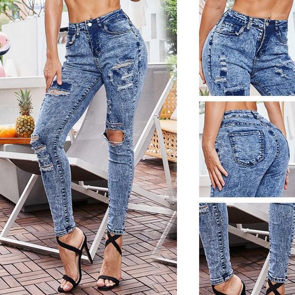 

women jeans ripped high stretch pants large size european and american waist women's, Blue