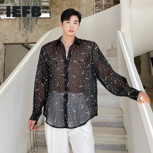 

men's casual shirts iefb thin summer perspective outfit black white shirt temperament sunscreen breathable print loose big size 9y7855, White;black