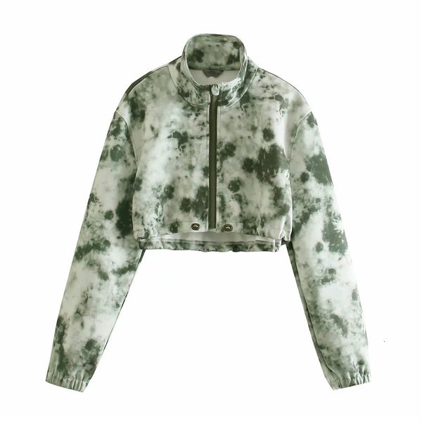 

women's knits & tees women summer fashion tie-dye print za green sweatshirts chic lady casual long sleeve zipper turtleneck short, White