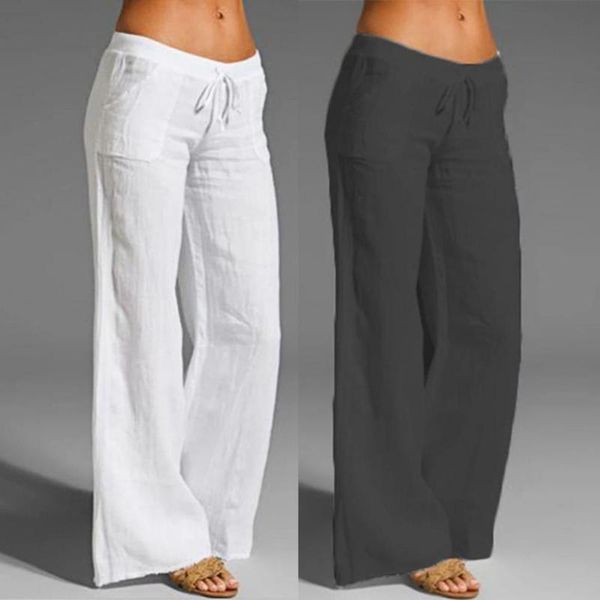 

Women's Pants & Capris Summer Women Solid Color Casual High Waist Wide Leg Drawstring Elastic Loose Slacks Ladies Bottoms For Work, Black;white