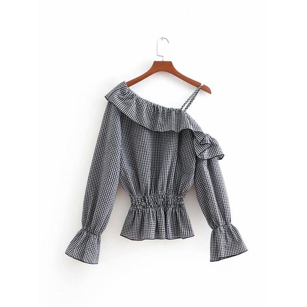 

women's blouses & shirts 2021 spring women shirt plaid asymmetry long sleeve ruffled female fashion casual clothes, White