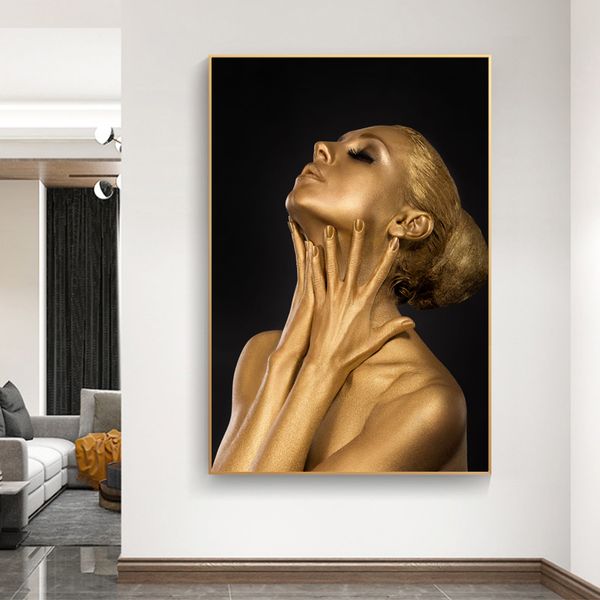 Mulher Retrato Arte Gold Girl Pictures Wall Art para sala de estar Pintura de lona moderna decoração de casa cartazes e impressão