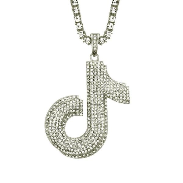 

hip hop musical note necklace pendant with iced out zircon tennis chain treble clef music jewelry for men women gift necklaces, Silver